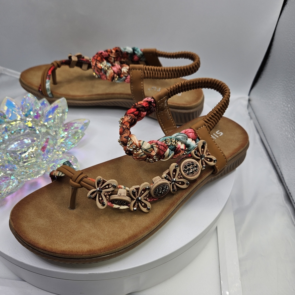 SIKETU FLORAL BEAD BRAIDED ASYMMETRICAL SANDAL - KHAKI sz 6